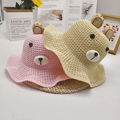 夏季新款兒童漁夫帽韓版卡通小熊針織鏤空防曬遮陽帽男女寶太陽帽