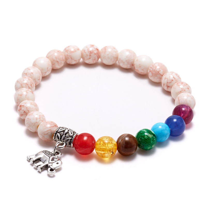 Cross-border hot sale yoga Balance bracelet 7mm elephant turtle colorful stone imitation White turquoise elastic bracelet wholesale