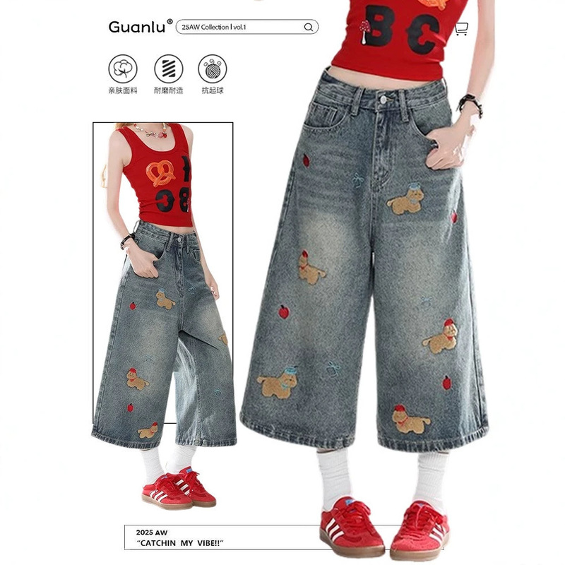American Retro Style Fun Embroidered Dog Design Women's Summer Cropped Jeans, Straight Wide-Leg Shorts