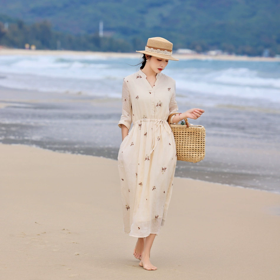 2025 весна и лето новая вышивка рами женская легкая и легкая с рукавами длинное платье свободная юбка на шнуровке