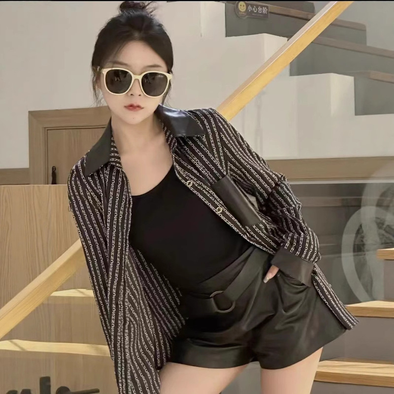 Haining Genuine Leather Shirt Women's 2025 Autumn and Winter New Long-Sleeved Chiffon Splicing Goatskin Bottoming Shirt Fashionable Short Top