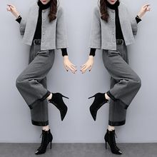 2025新款女装秋冬大码两件套裤毛呢短外套阔腿裤休闲时尚套装女潮