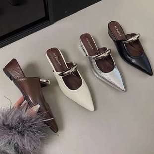 French Retro Wedge Heel Pointed Toe Mule Slippers for Women's Outer Wear 2025 New Style Inner Heightening Metal Buckle Mary Jane Half Slippers