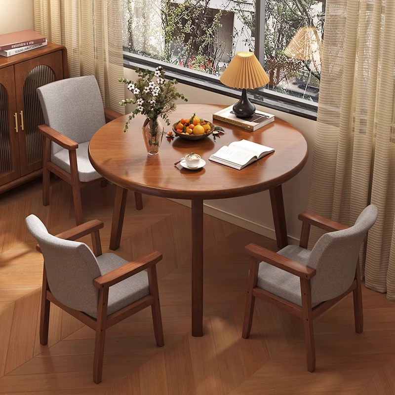 Solid Wood Round Table Walnut Color Household Small Apartment Dining Table Negotiation Table and Chair Commercial Milk Tea Shop Balcony Round Table