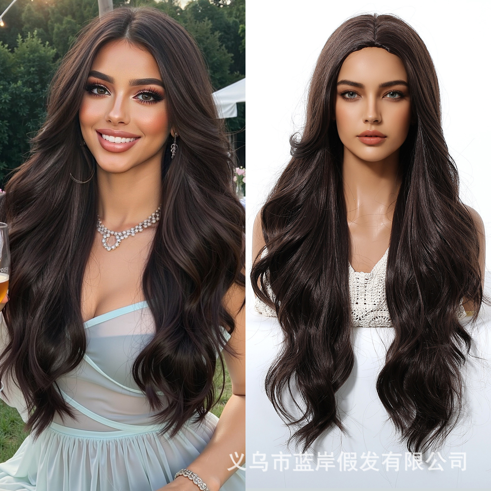 Peluca larga rizada nueva transfronteriza para mujer, peluca completa, estilo europeo y americano, con raya en medio, peluca de fibra sintética negra.