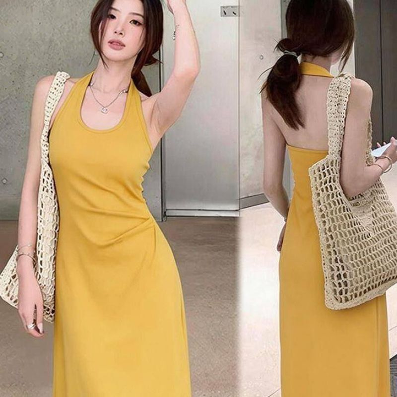 Dress with Vacation Style, Slim Fit, Halter Neck, Summer 2026, Waist-Cinching, Slimming, Versatile, Mid-Length A-Line Dress, Long Dress