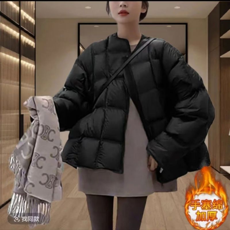 韩版纯色圆领压线小方格蓬蓬棉服女2025冬季爆款时尚保暖面包服|undefined