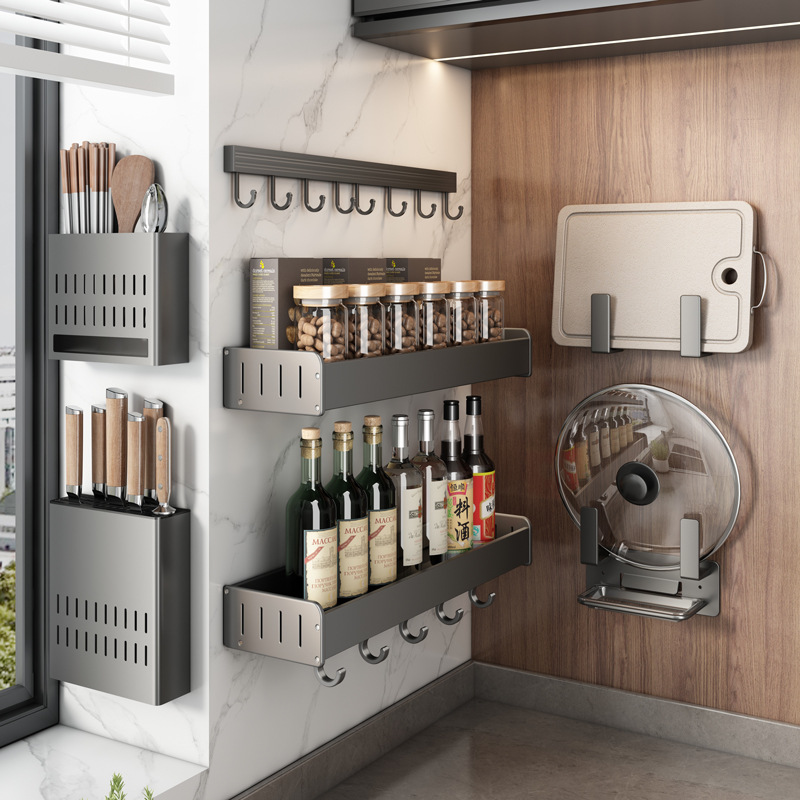 Kitchen rack wall-mounted punch-free gun ash chopping board rack knife holder condiment multi-functional storage spice rack