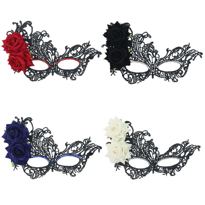 Fiesta de mascarada de Venecia Máscara de encaje sexy misteriosa rosa lateral de diamantes media cara carnaval accesorios de Halloween