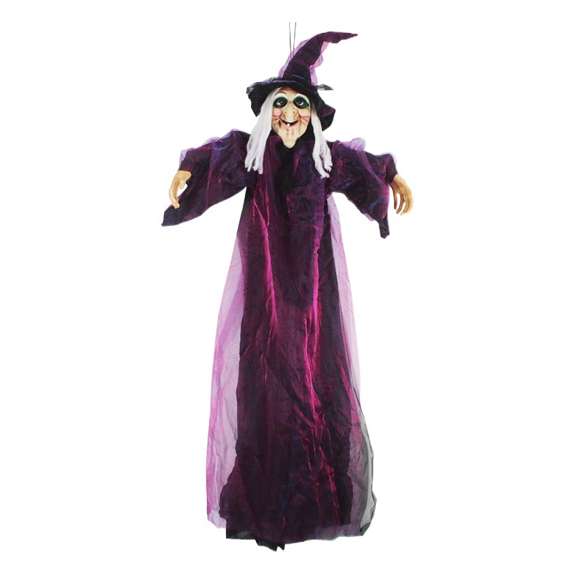 Bruja Morada con Voz Activada, Brillante, que Grita, para Escape Room, Terrorífica, Fantasma Colgante, Bruja, Accesorio para Casa Encantada de Halloween