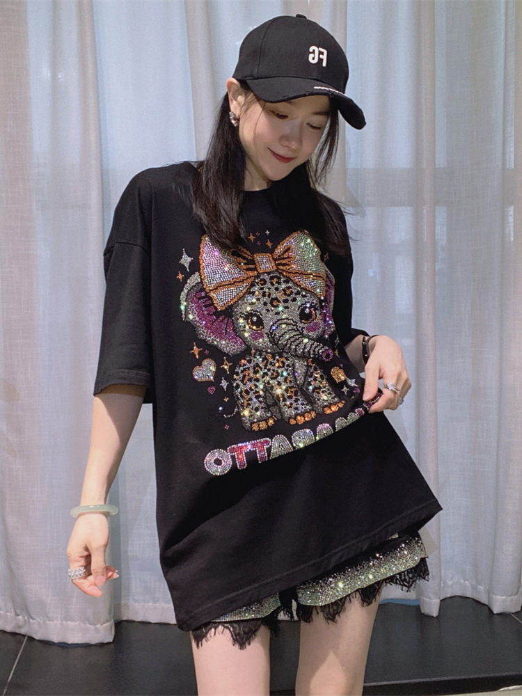 Camiseta de manga corta con diamantes para mujer europea y americana moda de verano suelta versión grande marca de moda de longitud media tops de algodón de diamantes calientes para mujer
