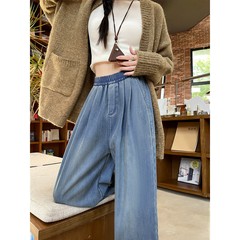 松紧腰牛仔裤女2025新款秋冬加绒加厚直筒裤垂感大码宽松阔腿裤子