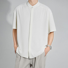 同款白泽服饰夏季垂感新中式短袖衬衫潮流纯色免烫衬衣宽松休