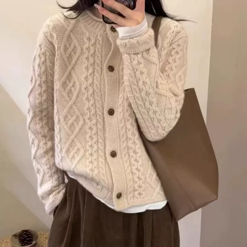 欧货重工绞花山羊绒开衫女2025秋加厚粗毛线针织衫秋冬毛衣外套