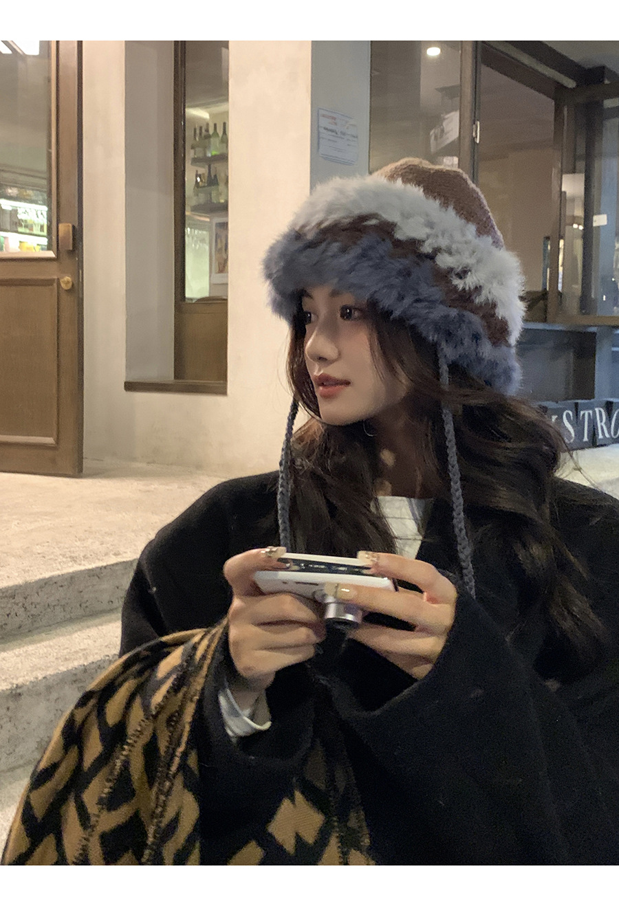 Congee Cocoa Rabbit Hair Knitted Women's Autumn and Winter Splice Warm Wool Cold proof Pullover Plush Ear Protection_voghion.com