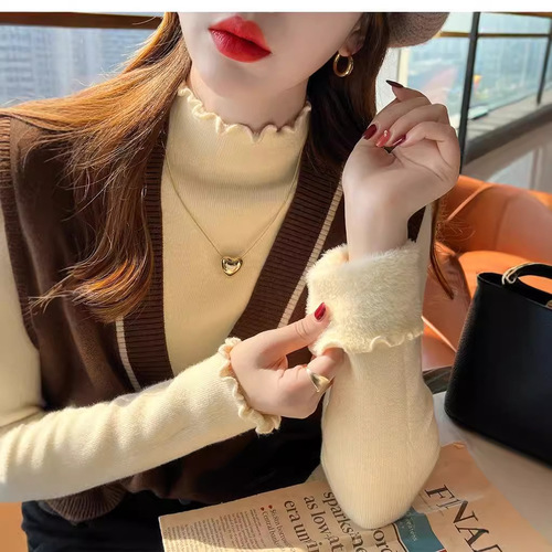 Women's new one-piece fleece sweater 2024 half turtleneck fungus edge autumn and winter bottoming shirt with knitted pullover top trendy