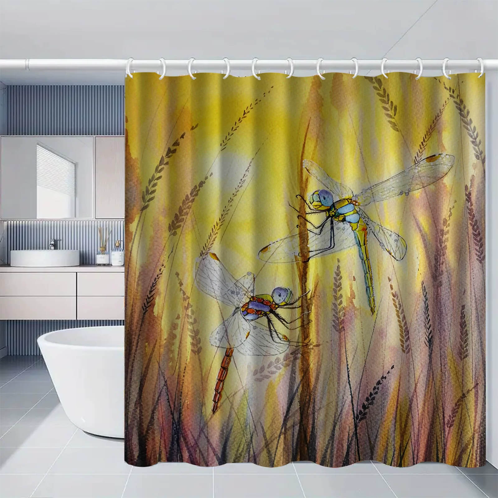 Cross-border direct supply dragonfly pattern polyester shower curtain bathroom bathroom waterproof, moisture-proof, mildew-proof isolation curtain