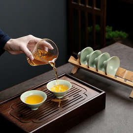 km@汝窑陶瓷茶杯六个杯架套装蝉翼开片纹可养茶线功夫小茶碗盏花
