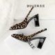 8320 leopard print square toe thick heel high-heeled shoes for women, versatile and easy to wear, with a French minimalist style toe closure and a back empty single shoe
