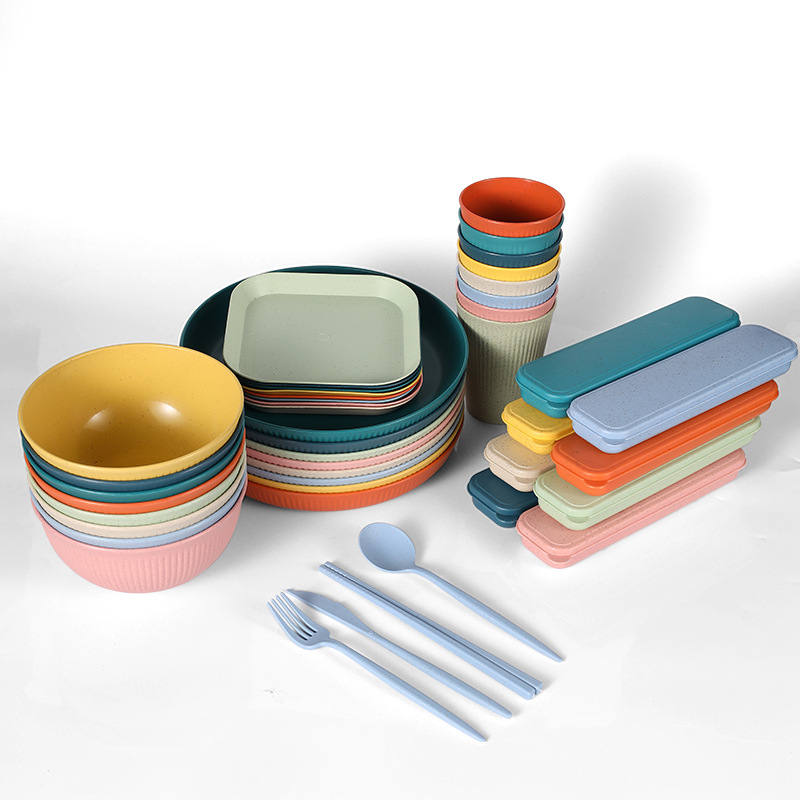 Cross-border Amazon Wheat Straw Vertical Pattern Bowls Plates Cups Spoons Forks Chopsticks Portable Tableware Set for 8 People Gift Set