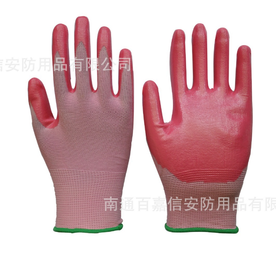 出口彩色尼龙涤纶浸彩色丁腈光面花园手套