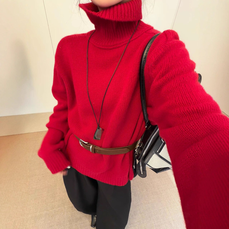Relaxed Fit Pure Wool Sweater Women's Turtleneck Sweater Women's Autumn and Winter New Style Women's Red Knitwear Inner Layer Top