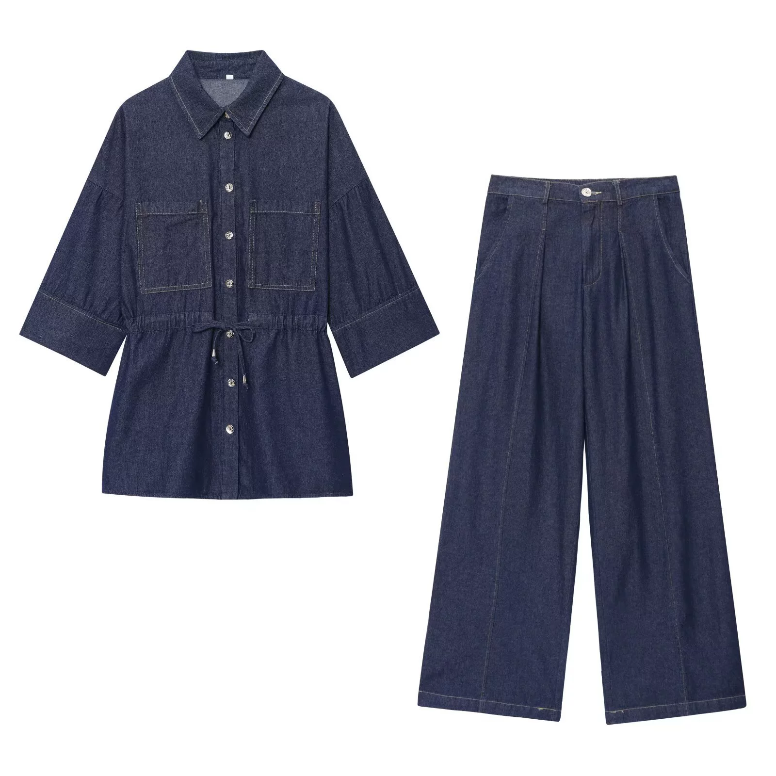 Кросс-бордерная европейская и американская одежда AliExpress: популярный комплект из джинсовой рубашки на шнуровке и брюк с широкими штанинами