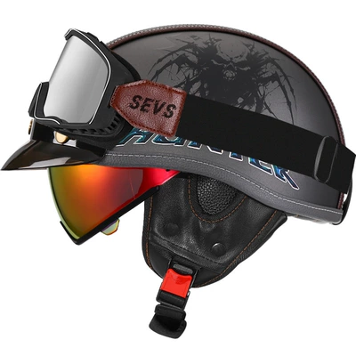 Motosiklet kaskı (dəbilqə) — 3C Certified Retro Motorcycle Helmet Leather - sublime-gray-demon-hunter-aurora-red-mirror-large-frame-goggles-m