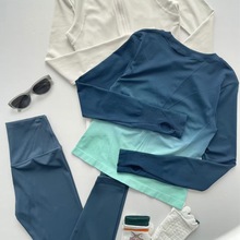 渐变色运动长袖女秋冬瑜伽服健身上衣跑步修身拇指扣无缝针织衫