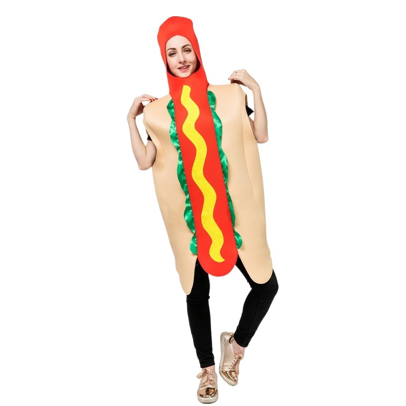 Adulto de los hombres y de las mujeres divertidas ropa de fiesta de perro caliente parodia de comida ropa de rendimiento de etapa de pareja mono de perro caliente