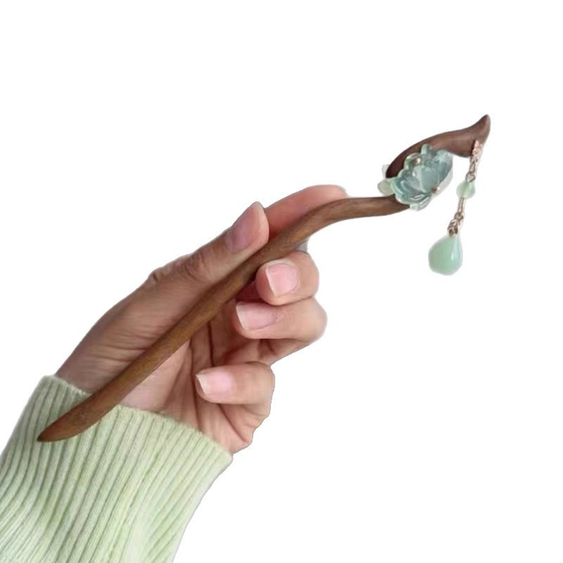 新中式仿玉荷花流苏木发簪女新款高级感盘发簪子古风汉服发钗头饰|undefined