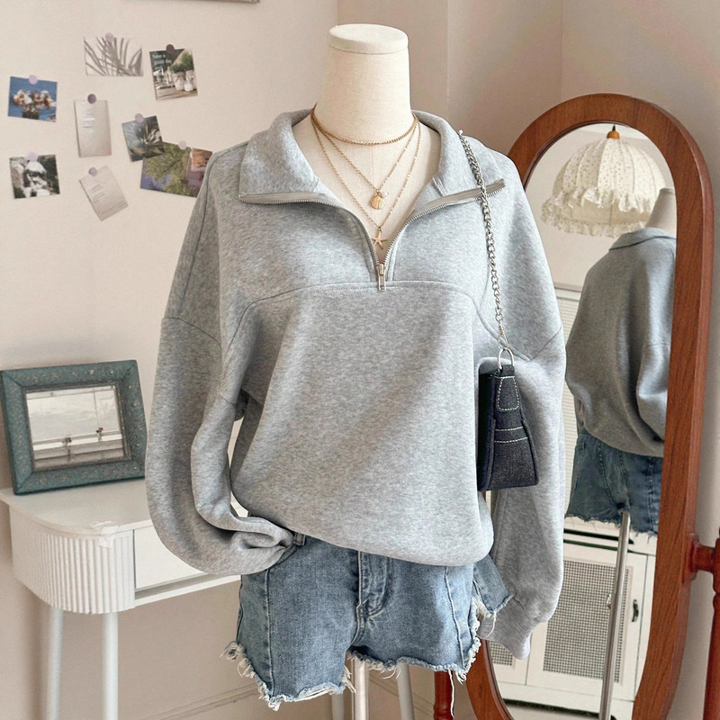 Cross-Border New Autumn and Winter Velvet Thickeneded Half-Zip Pure Color Loose Lapel Sweatshirt Jacket Trendy Y2K Cross-Border New Autumn and Winter Velvet Thickeneded Half-Zip Pure Color Loose Lapel Sweatshirt Jacket Trendy Y2K