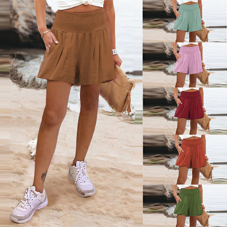 European and American 2026 Women's Clothing Independent Website Amazon Best-Selling Solid Color High-Waisted Elastic Shorts Elastic Waist Wide-Leg Casual Pants
