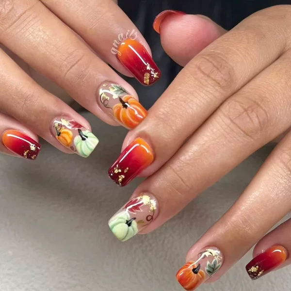 Autumn Thanksgiving Pumpkin Maple Leaf Graffiti Design Chinese Style Wearable Nails Manicure Nail Tips Cross-Border False Nails