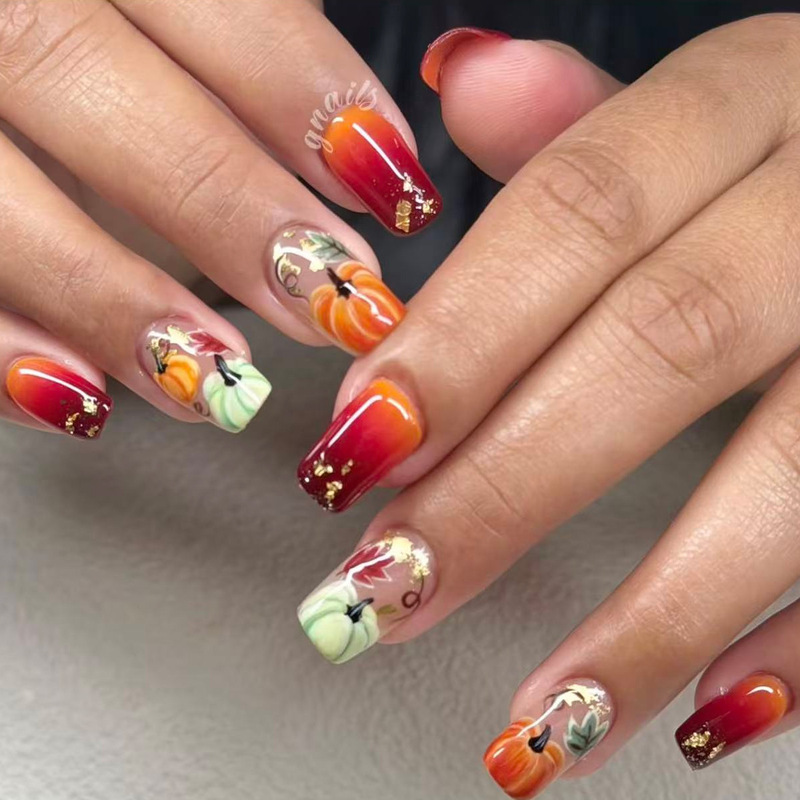 Autumn Thanksgiving Pumpkin Maple Leaf Graffiti Design Chinese Style Wearable Nails Manicure Nail Tips Cross-Border False Nails Autumn Thanksgiving Pumpkin Maple Leaf Graffiti Design Chinese Style Wearable Nails Manicure Nail Tips Cross-Border False Nails