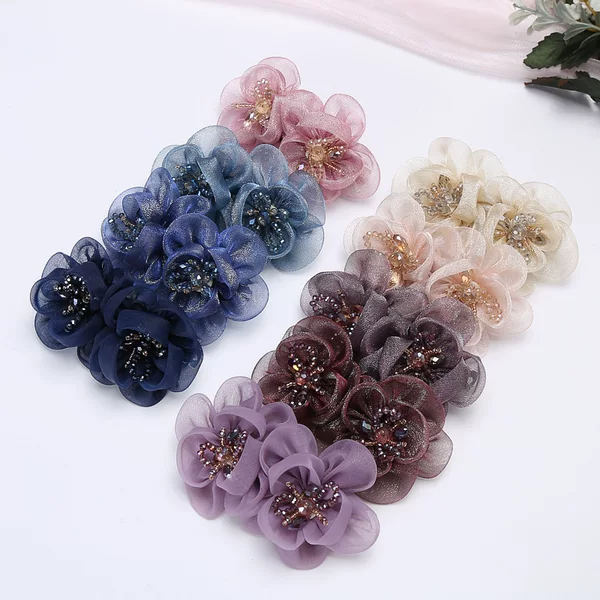 Bow flower 8cm non-slip cover black leather spring top clip hairpin silk yarn crystal beads flower fashion hair accessories