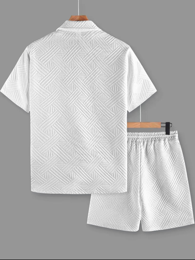 Men's Solid Colour Jacquard Shirt And Shorts Casual Summer Set_voghion.com