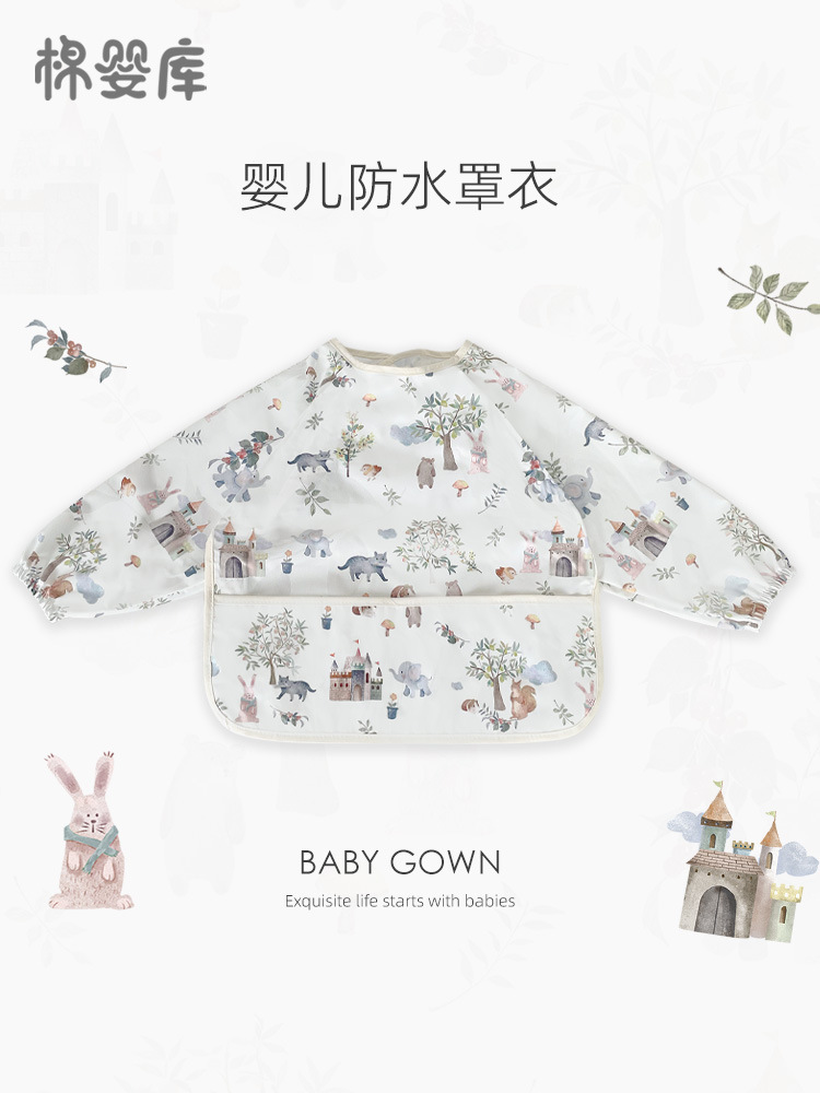 Cotton Baby Library Baby Bib Baby Eating Smock Kidsren's Four-Season Waterproof Rice Pocket Oil-Proof Bib Long-Sleeved Reverse Dressing