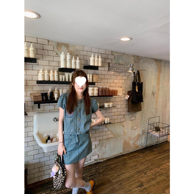 presale] axb impression Queensland vintage striped Denim suit du embroidered short sleeve top A- line skirt summer