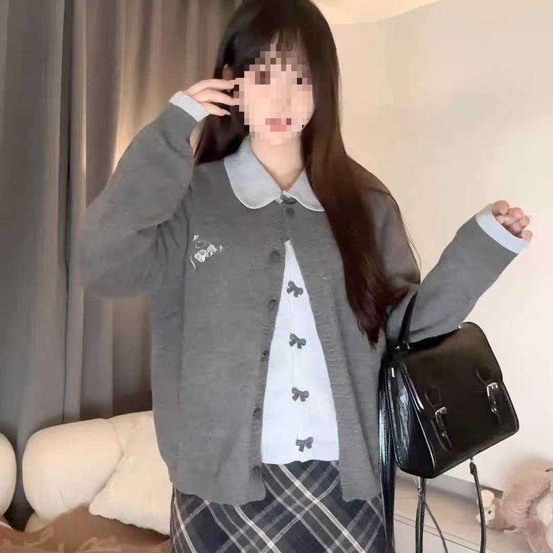 韩系爆款蝴蝶结扣蓝色假两件开衫毛衣女秋冬高级感撞色针织衫外套|undefined