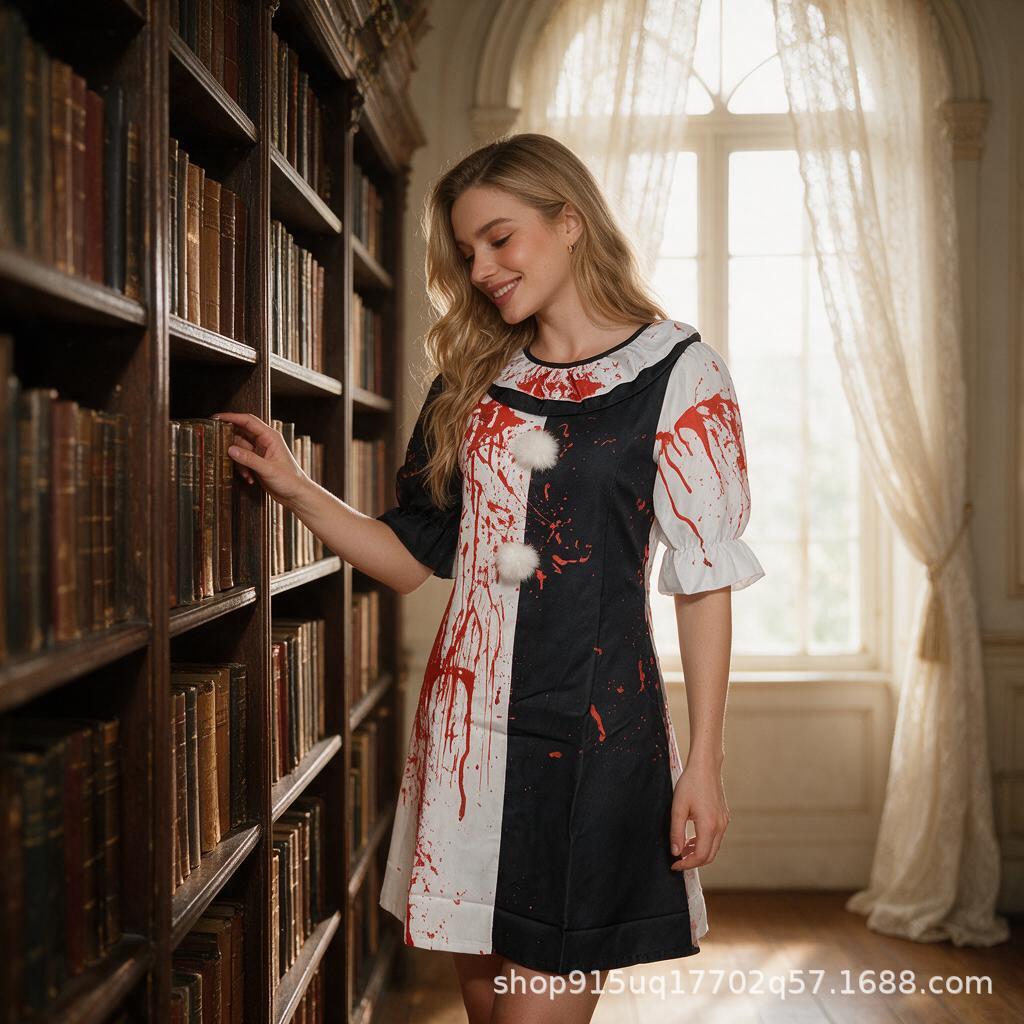 Plus-size cross-border sexy lingerie for foreign trade, Halloween cosplay bloodstained style dress, women's short-sleeve color-blocked uniform