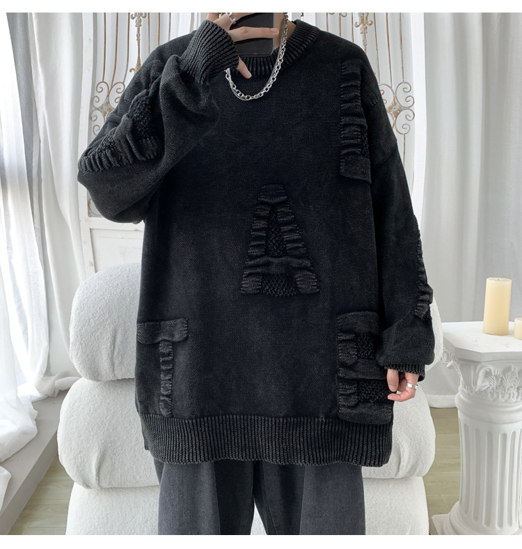 Men's Oversized Knit Sweater Round Neck Streetwear Pullover_voghion.com