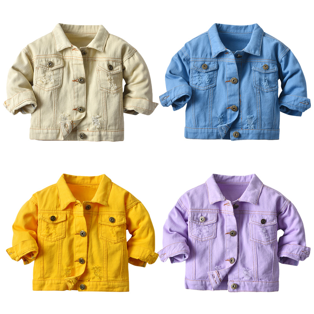 Ropa de mezclilla ultracorta casual para niños nueva primavera color sólido manga larga agujero solapa moda chaqueta de mezclilla delgada