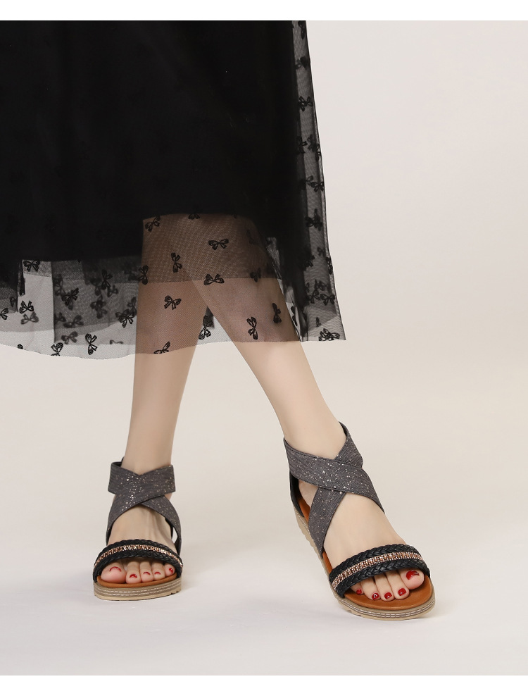 Rhinestone Woven Wedge For Women Summer New Bohemian Open-Toe Platform Roman Sandals_vogvips.com
