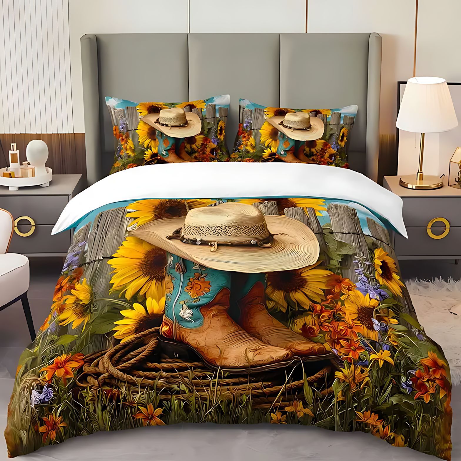 TEMU / JIT nuevo diseño de girasol vaquero transfronterizo impresión digital de alta definición abrasión cómodo conjunto de edredón