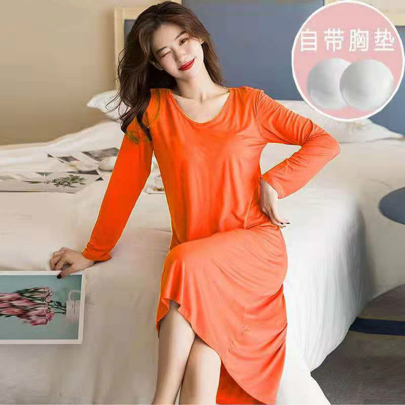 Pijamas de comercio exterior al por mayor con almohadilla en el pecho de las mujeres de manga larga de otoño de media longitud sobre la rodilla camisón se puede usar fuera de casa desgaste primavera y otoño