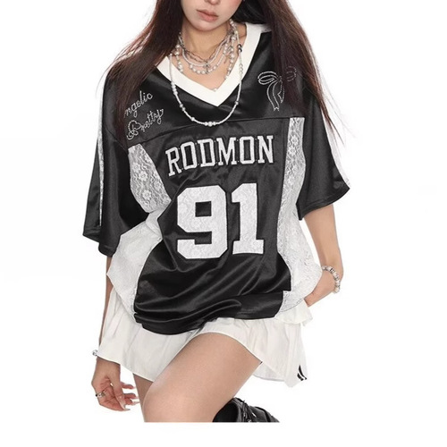American-style glossy sporty loose-fit short-sleeve T-shirt | Men's and Women's Summer Patchwork White V-neck Lace Top