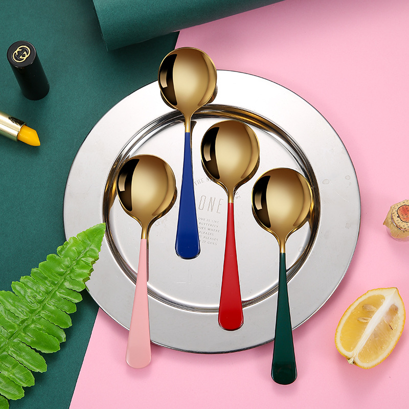 Cuchara de acero inoxidable 304 cuchara de celebridad de Internet cuchara de cabeza redonda coreano dorado colorido postre cuchara de café cuchara de mezcla al por mayor ins
