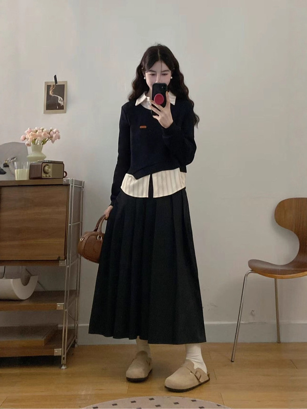 大码女装胖mm新款假两件拼接上衣+百褶半身裙|undefined