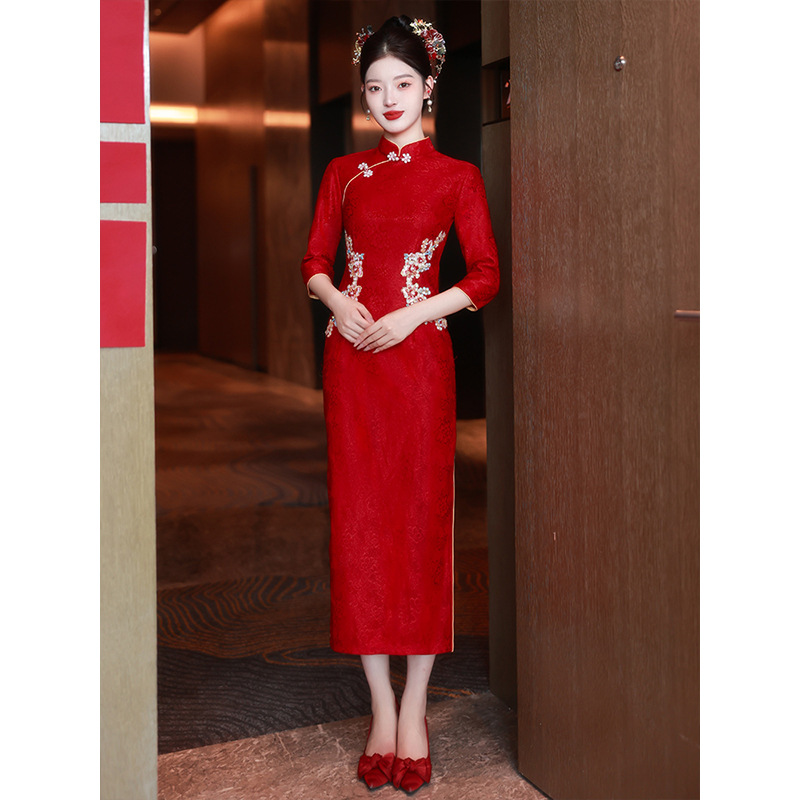 New Chinese Red Cheongsam Toast Dress Bride Wedding Day Dress Engagement Dress Autumn High-grade Beaded Embroidery